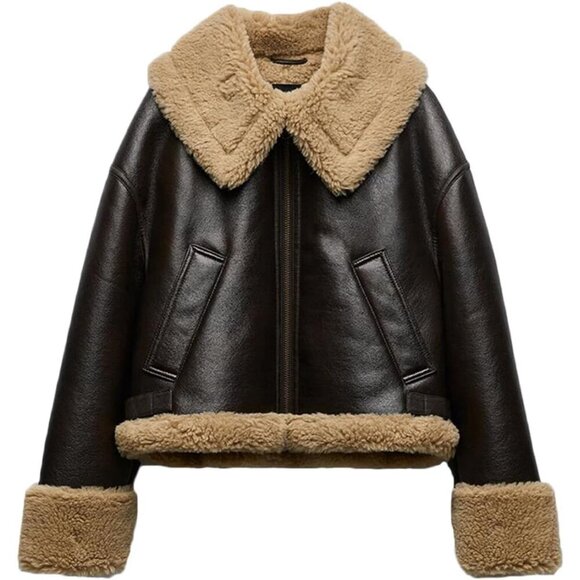 Women Faux Leather Jacket Warm Winter Biker Coat with Faux Fur